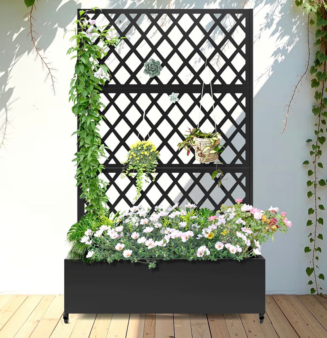 Planter - Metal Planter Box with Diamond Lattice Trellis Planter Box for Climbing Plants/Vines, Galvanized Raised Garden Bed On Wheels, Garden Bed with Trellis(73"x47" Black)