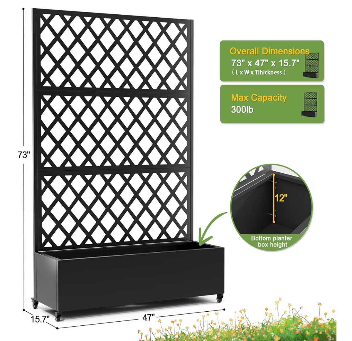 Planter - Metal Planter Box with Diamond Lattice Trellis Planter Box for Climbing Plants/Vines, Galvanized Raised Garden Bed On Wheels, Garden Bed with Trellis(73"x47" Black)