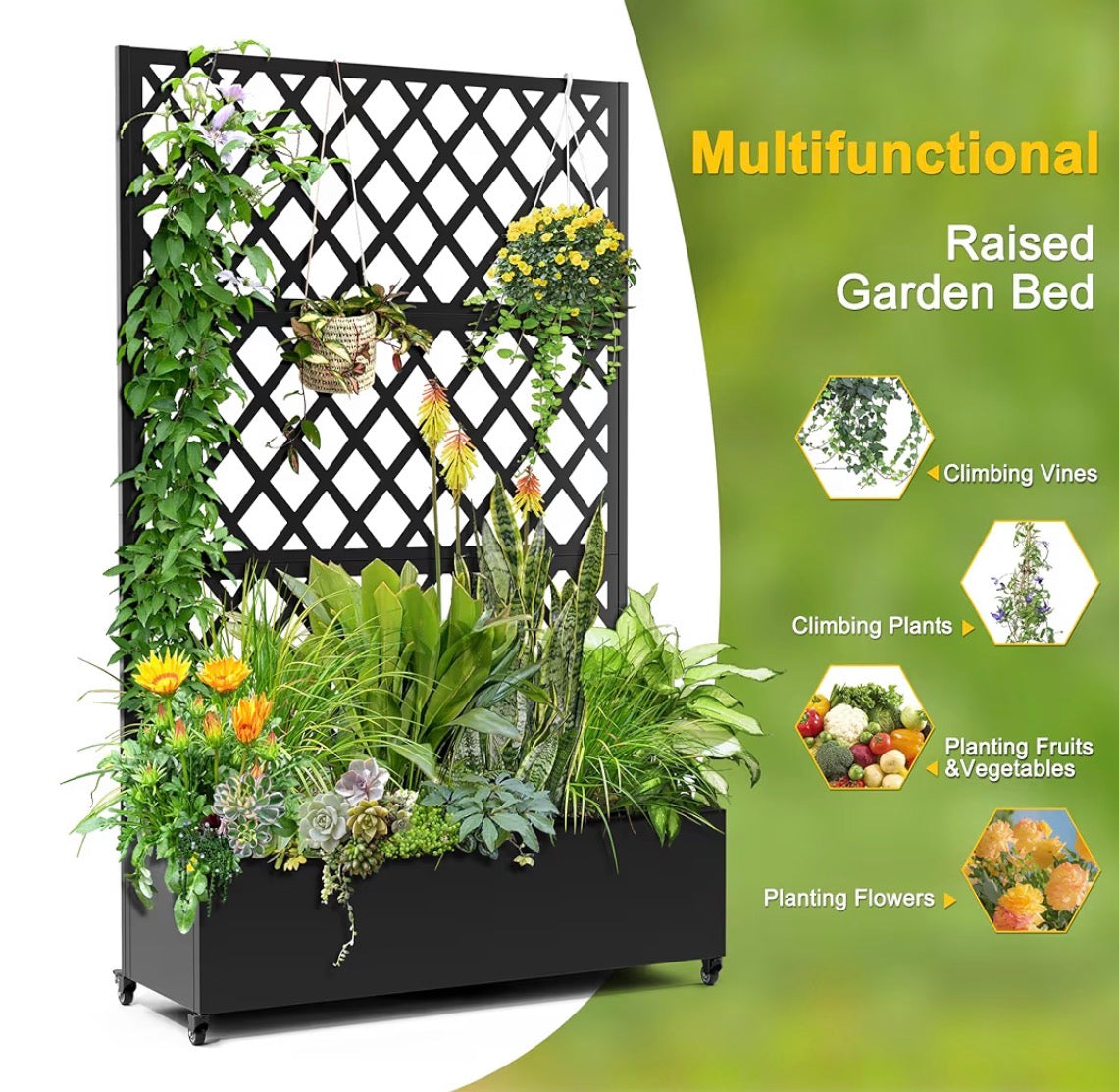 Planter - Metal Planter Box with Diamond Lattice Trellis Planter Box for Climbing Plants/Vines, Galvanized Raised Garden Bed On Wheels, Garden Bed with Trellis(73"x47" Black)