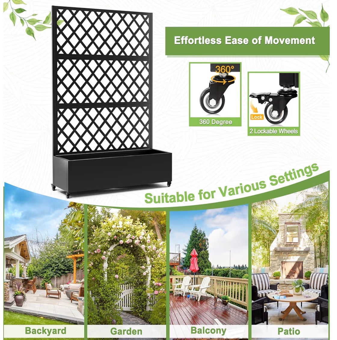 Planter - Metal Planter Box with Diamond Lattice Trellis Planter Box for Climbing Plants/Vines, Galvanized Raised Garden Bed On Wheels, Garden Bed with Trellis(73"x47" Black)