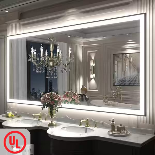 Mirror - 77 in.W x 36 in.H Rectangular Framed UL Certified Front and Back LED Anti-Fog Tempered Glass Wall Bathroom Vanity Mirror