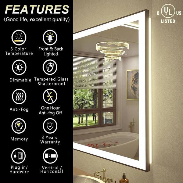 Mirror - 77 in.W x 36 in.H Rectangular Framed UL Certified Front and Back LED Anti-Fog Tempered Glass Wall Bathroom Vanity Mirror