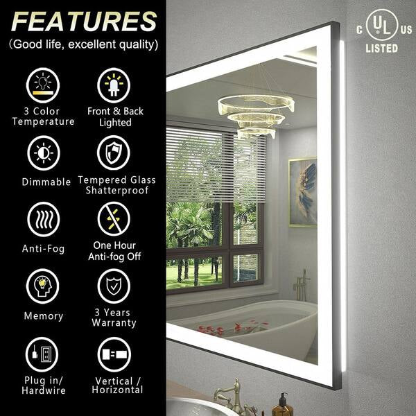 Mirror - 77 in.W x 36 in.H Rectangular Framed UL Certified Front and Back LED Anti-Fog Tempered Glass Wall Bathroom Vanity Mirror