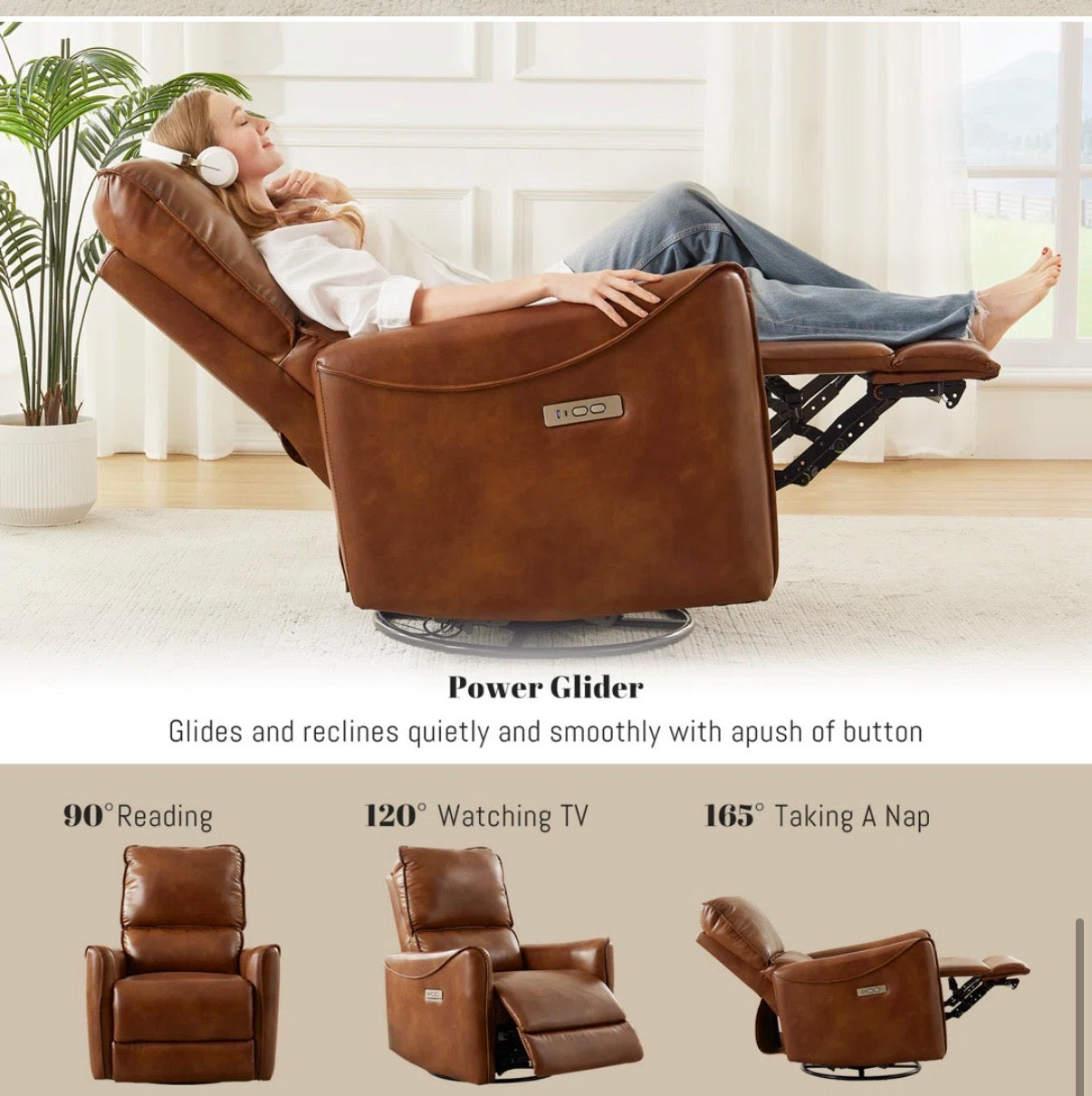Recliner - Hjalti 32.3” Wide Power Recliner PU Leather 270 Swivel, Rocker Recliner