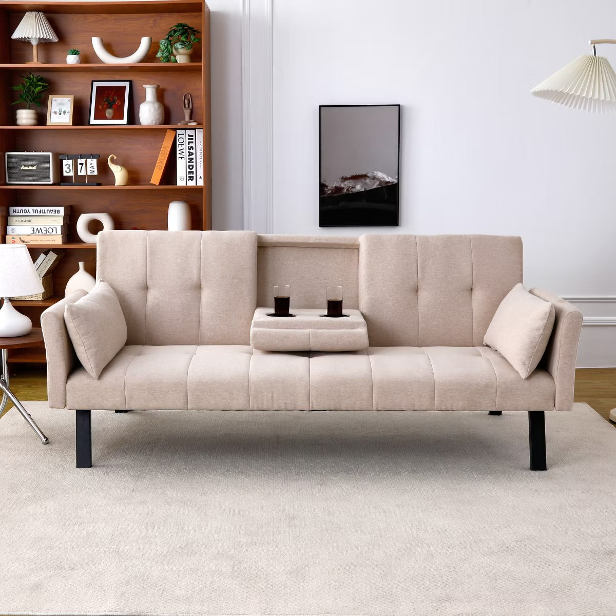 Sofa - Futon Saxton 70" Multi-functional Linen Sofa Bed with Cup Holder and Side Storage, Beige