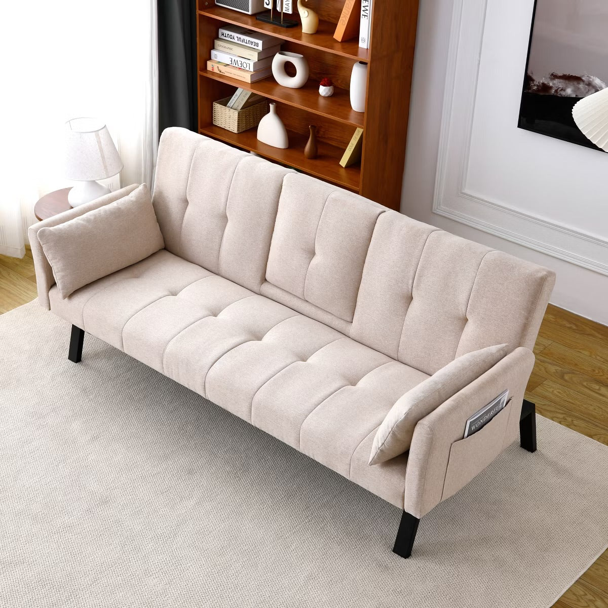 Sofa - Futon Saxton 70" Multi-functional Linen Sofa Bed with Cup Holder and Side Storage, Beige