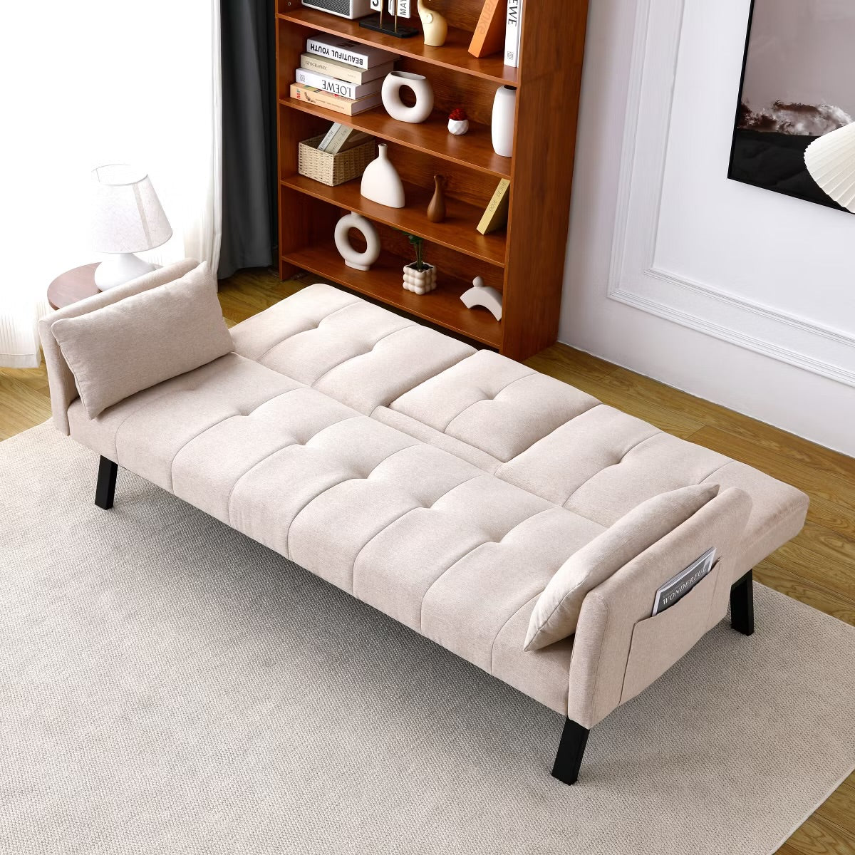 Sofa - Futon Saxton 70" Multi-functional Linen Sofa Bed with Cup Holder and Side Storage, Beige