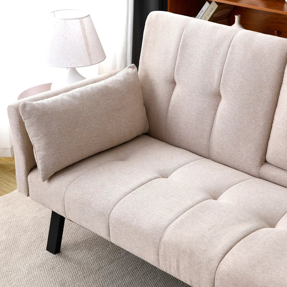 Sofa - Futon Saxton 70" Multi-functional Linen Sofa Bed with Cup Holder and Side Storage, Beige