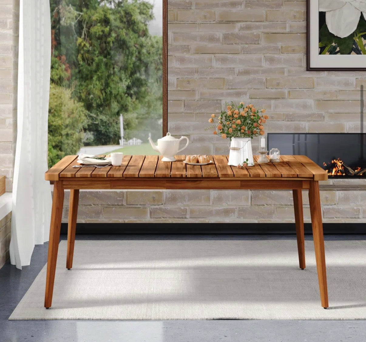 Outdoor Table - 59" x 35" Solid Acacia Wood Rectangular Slatted Table