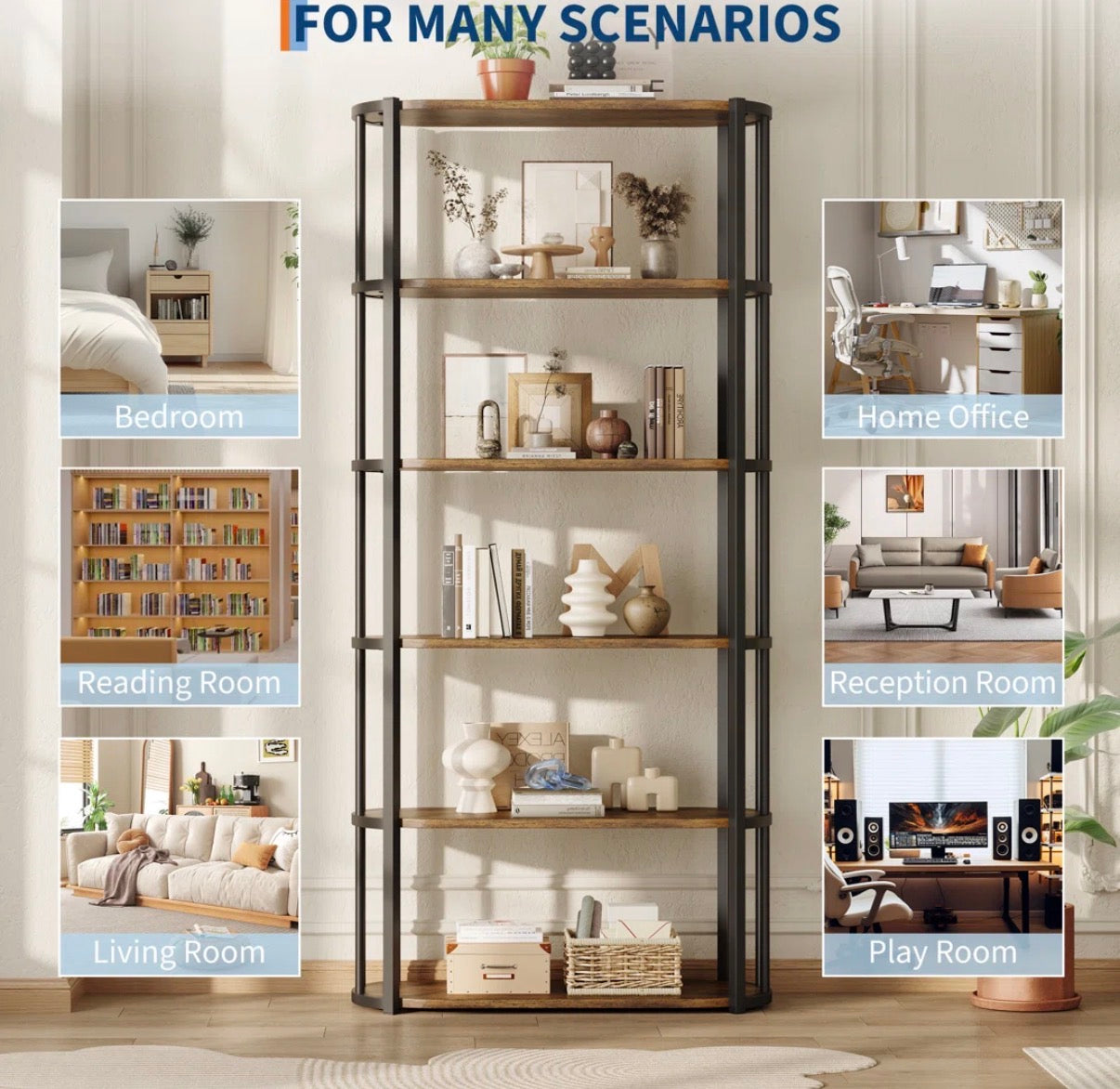 Bookcase - 6 Tier Industrial Bookcase
