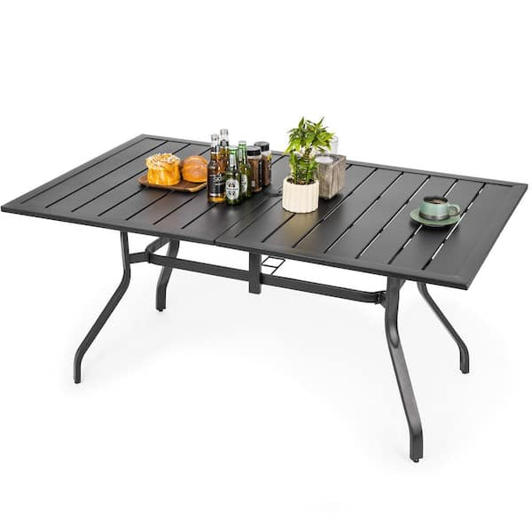 Outdoor Table - 6-Person Outdoor Patio Dining Table with Umbrella Hole Rectangular Patio Furniture Table for Garden and Deck, Black