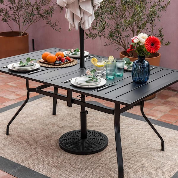 Outdoor Table - 6-Person Outdoor Patio Dining Table with Umbrella Hole Rectangular Patio Furniture Table for Garden and Deck, Black