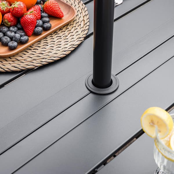 Outdoor Table - 6-Person Outdoor Patio Dining Table with Umbrella Hole Rectangular Patio Furniture Table for Garden and Deck, Black