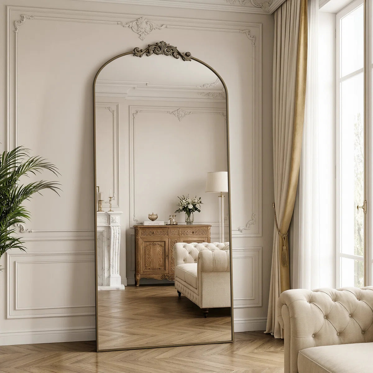 Oversized Mirror - 45.5”W x 90”H Oversized Gold Arched Floor Mirror with Decorative Crest