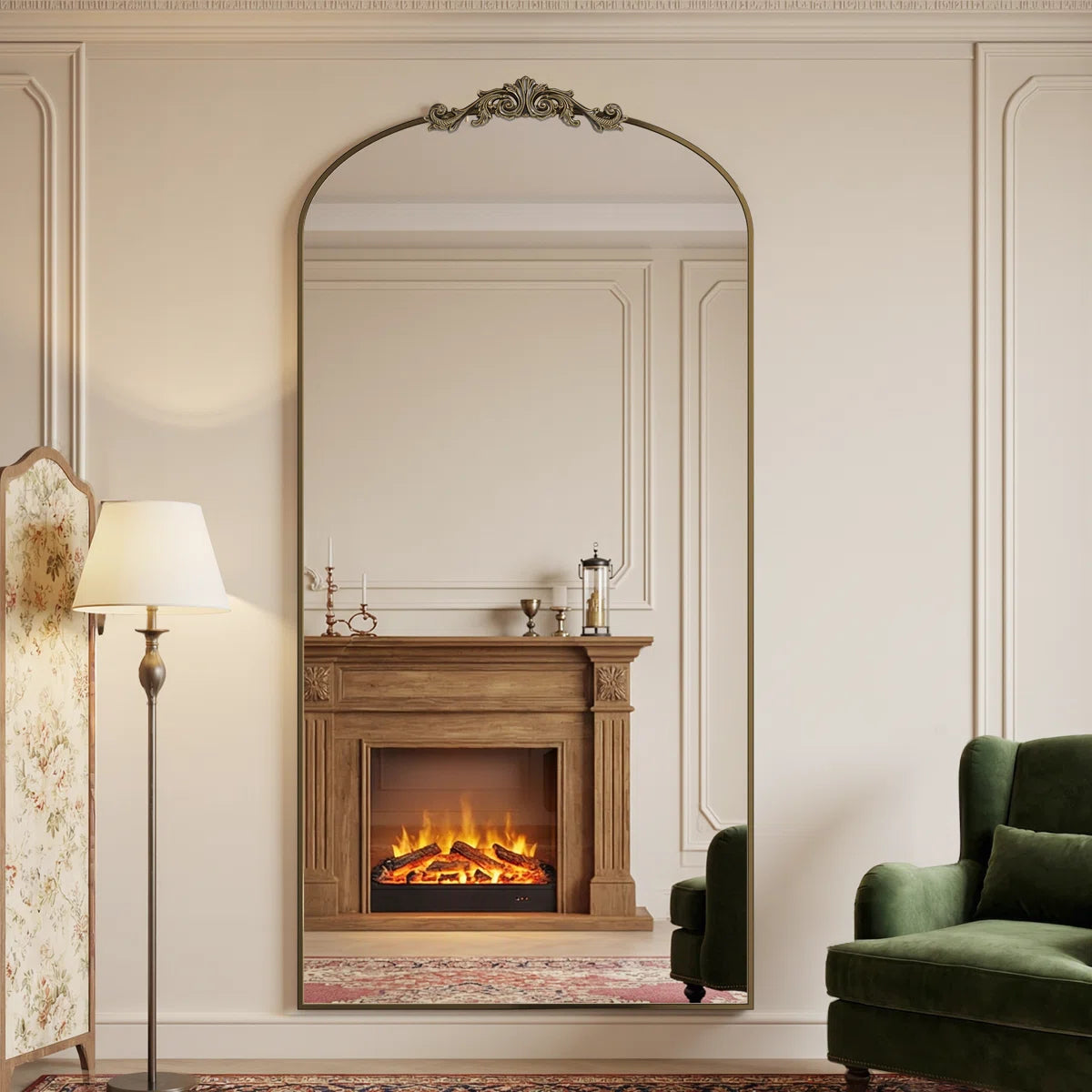 Oversized Mirror - 45.5”W x 90”H Oversized Gold Arched Floor Mirror with Decorative Crest