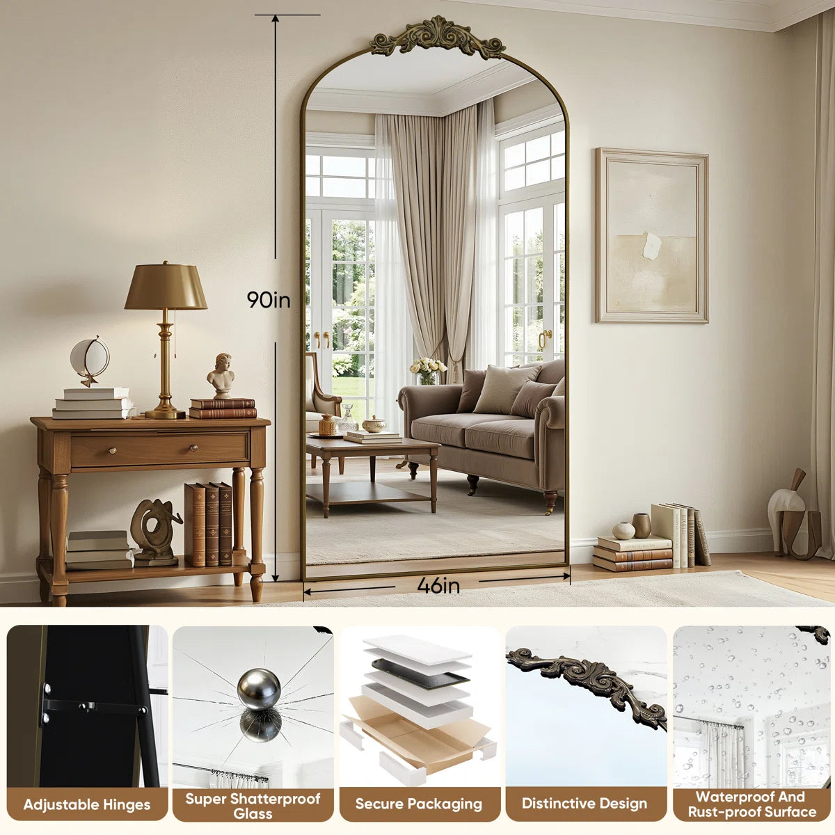 Oversized Mirror - 45.5”W x 90”H Oversized Gold Arched Floor Mirror with Decorative Crest