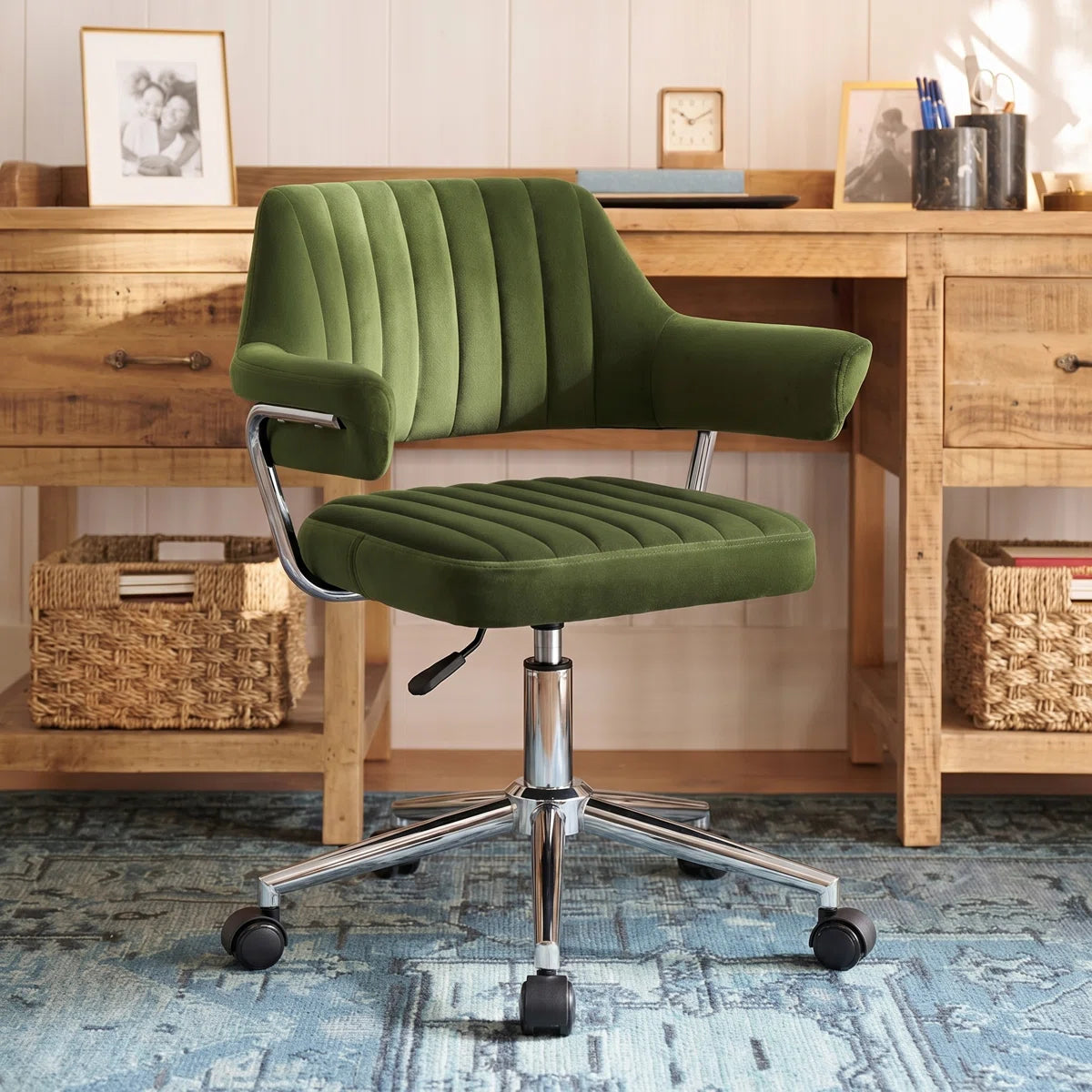 Office Chair - Chandler Green Velvet Upholstered Easy 3-Step Installation Desk Office Chair for home office