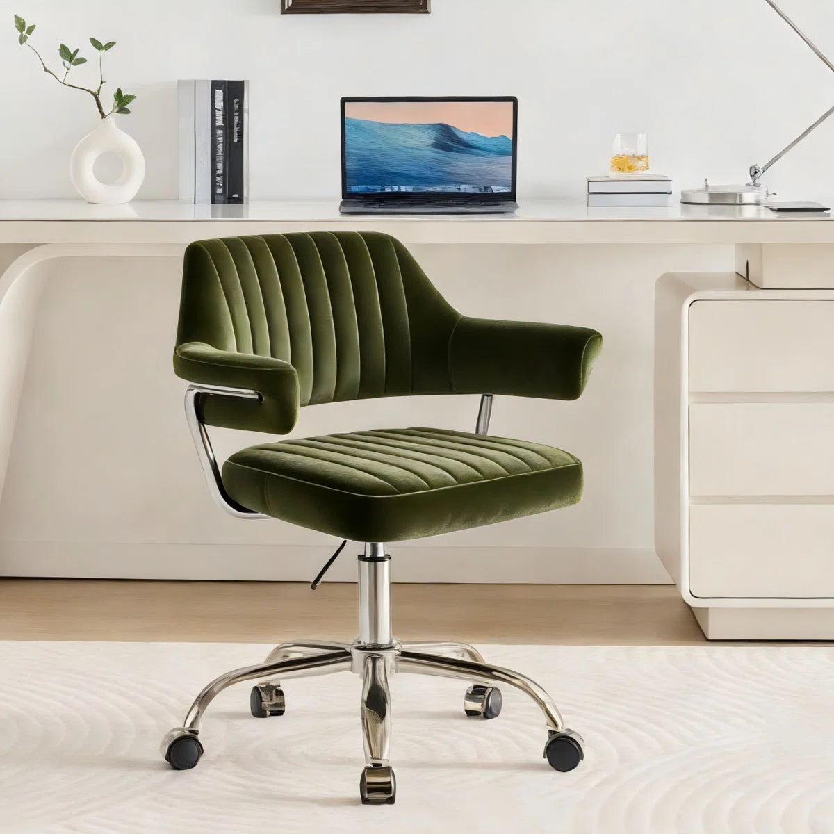 Office Chair - Chandler Green Velvet Upholstered Easy 3-Step Installation Desk Office Chair for home office