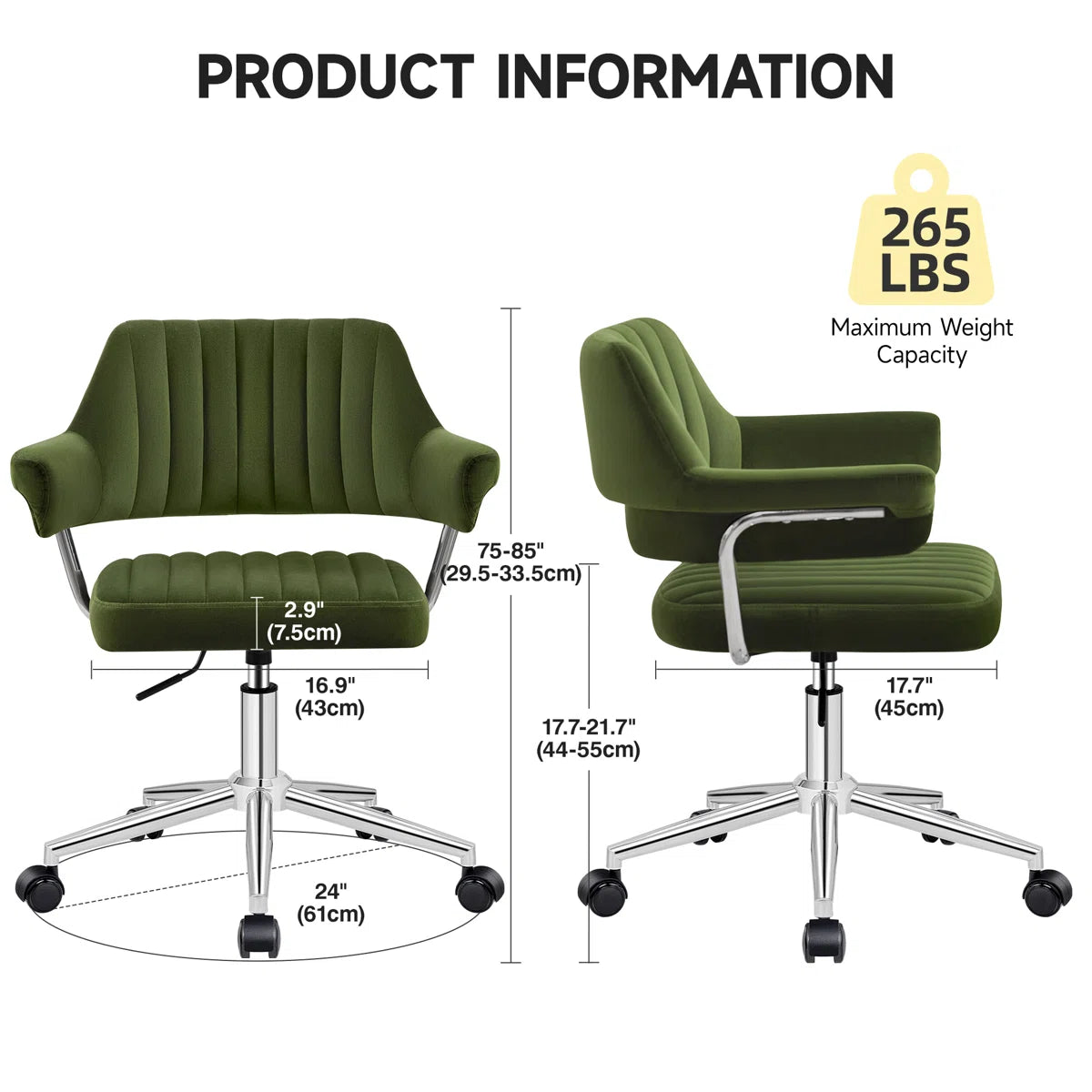 Office Chair - Chandler Green Velvet Upholstered Easy 3-Step Installation Desk Office Chair for home office