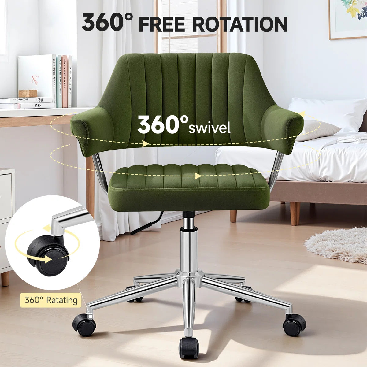 Office Chair - Chandler Green Velvet Upholstered Easy 3-Step Installation Desk Office Chair for home office