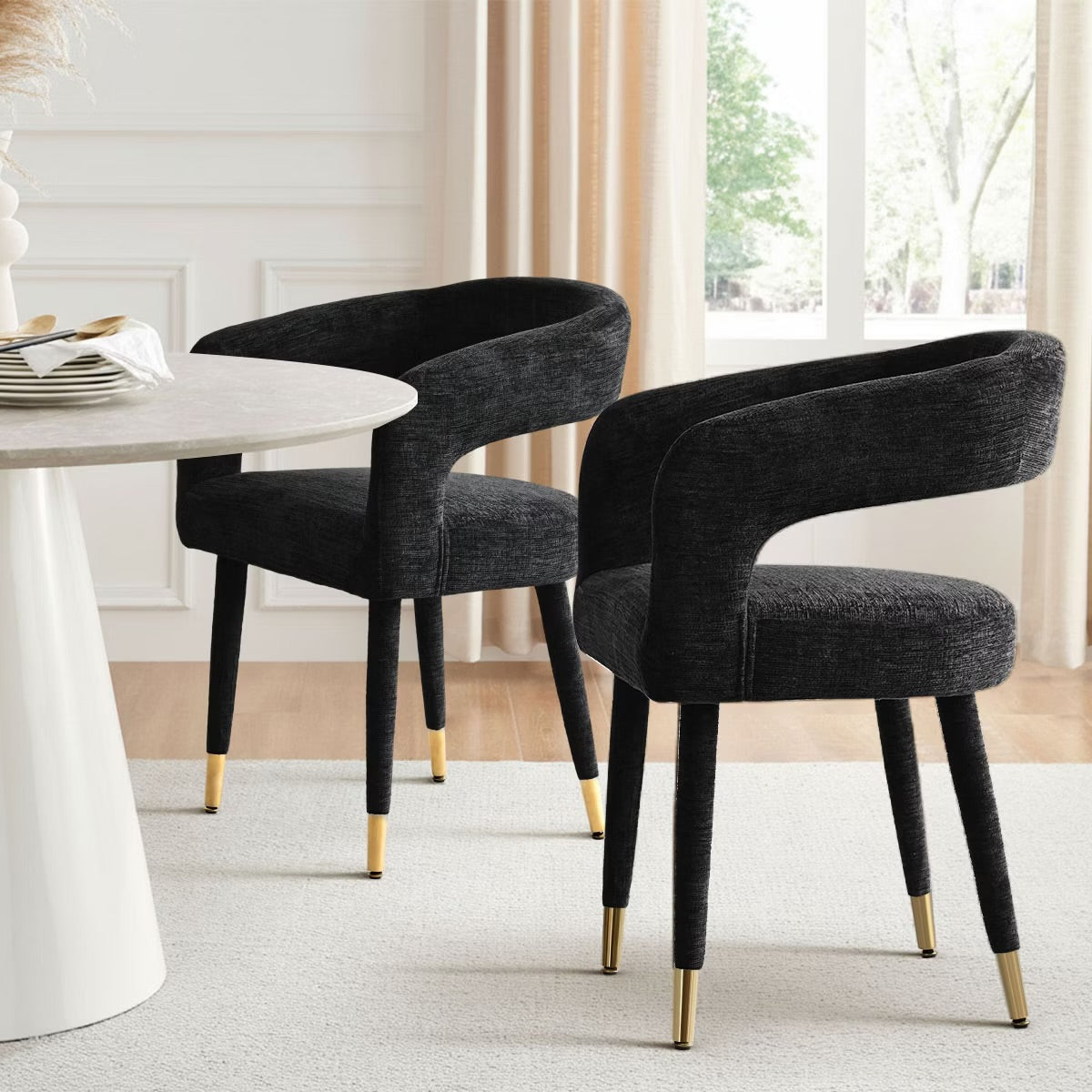 Chair Set of 2 - Modern Black Upholstered Dining Chairs with Curved Backrest, Armrests
