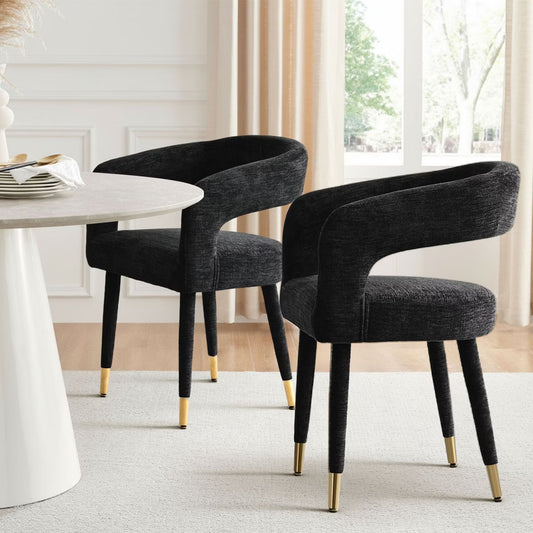 Chair Set of 2 - Modern Black Upholstered Dining Chairs with Curved Backrest, Armrests