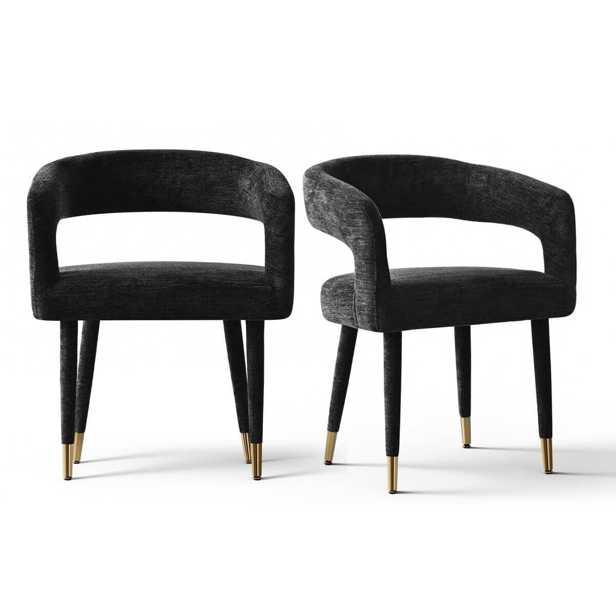 Chair Set of 2 - Modern Black Upholstered Dining Chairs with Curved Backrest, Armrests