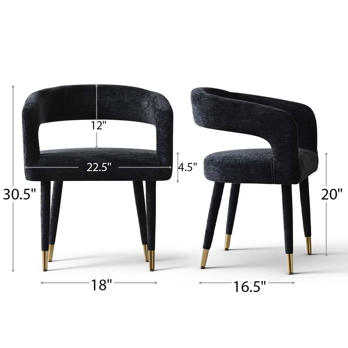Chair Set of 2 - Modern Black Upholstered Dining Chairs with Curved Backrest, Armrests