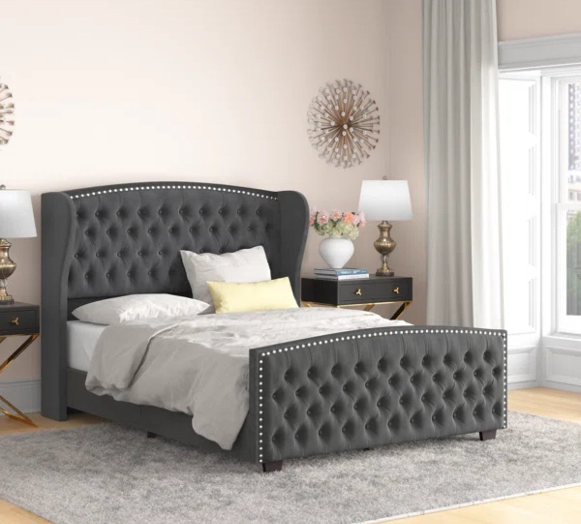 Bed - Queen Size DuJuan Deep Button Tufted Upholstered Bed with Nailhead Trim Wingback Grey - WF10.16.25