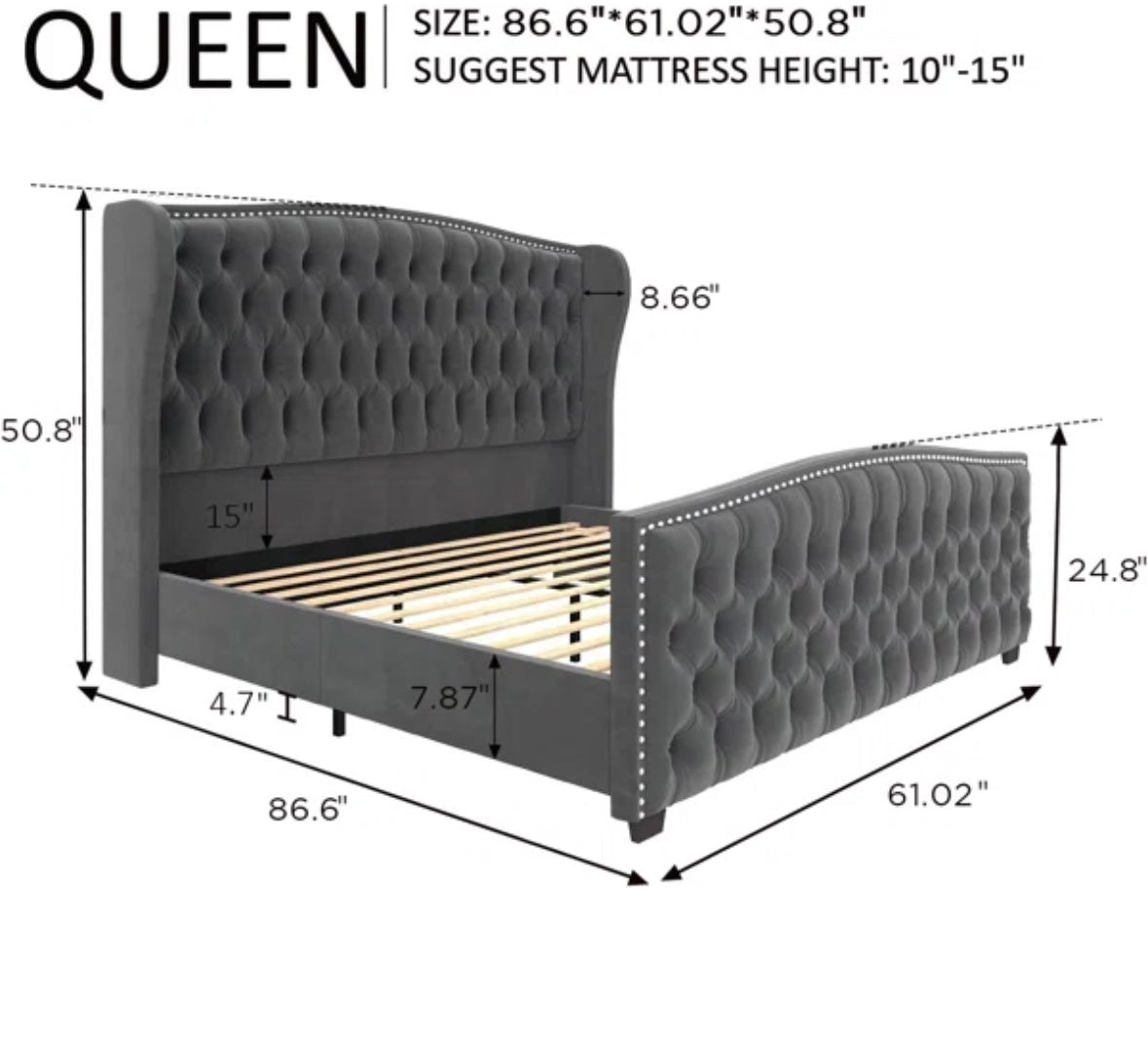 Bed - Queen Size DuJuan Deep Button Tufted Upholstered Bed with Nailhead Trim Wingback Grey - WF10.16.25