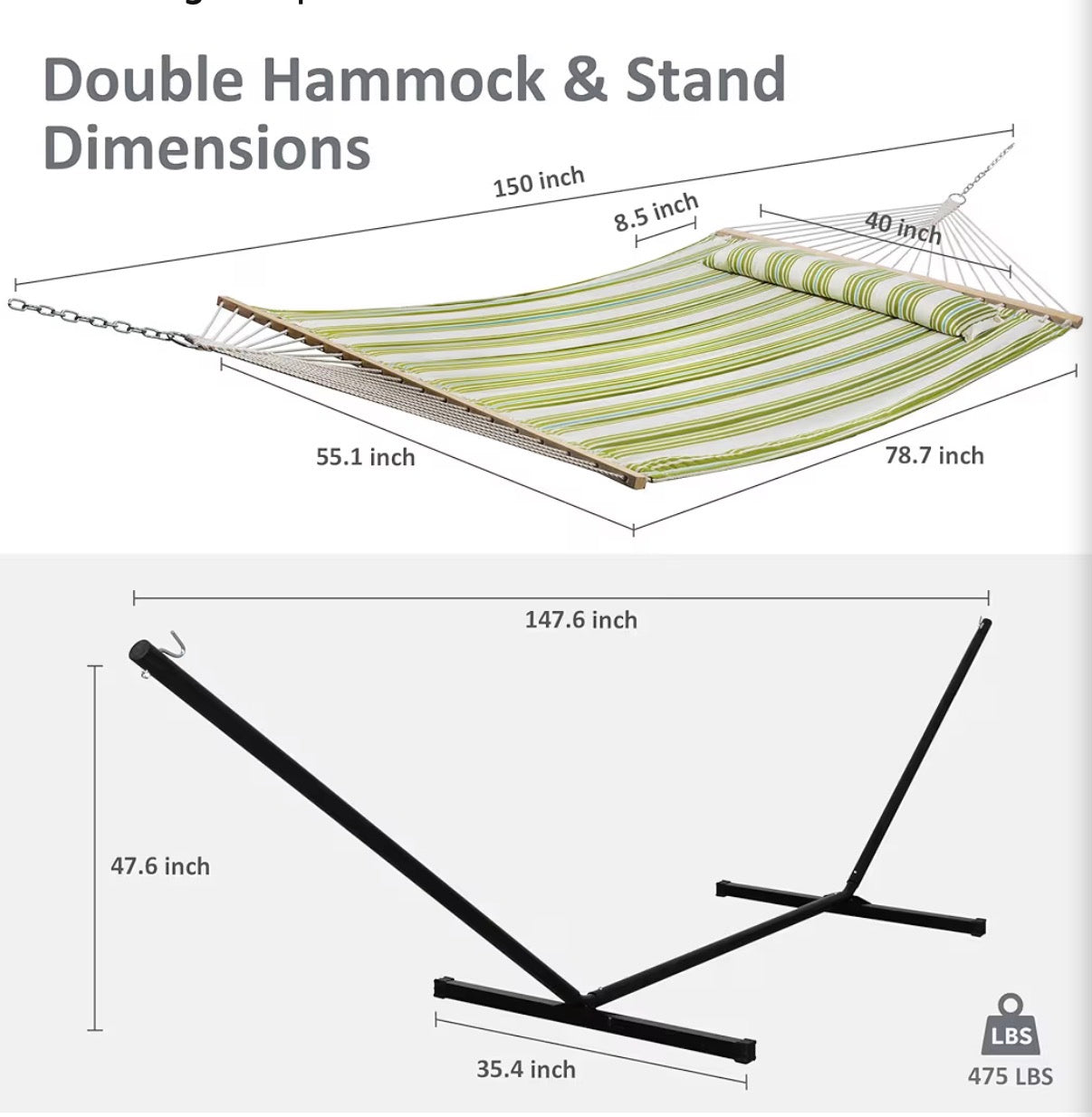 Hammock - Portable Double Hammock with Stand, 475 lbs Capacity, Heavy Duty Two Person Hammock with Stand Included, Green Stripe