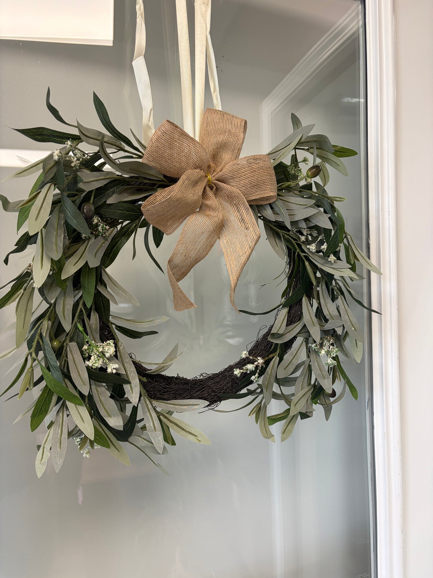 Wreath - 16” Artificial Olive Wreath with Burlap Bow