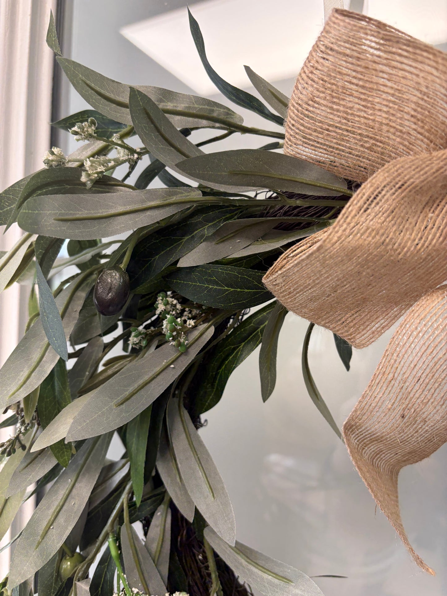 Wreath - 16” Artificial Olive Wreath with Burlap Bow