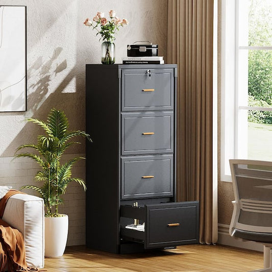 File Cabinet - Atencio 4-Drawer Black Wood 23 in. W Vertical Simple Modern Industrial File Cabinet