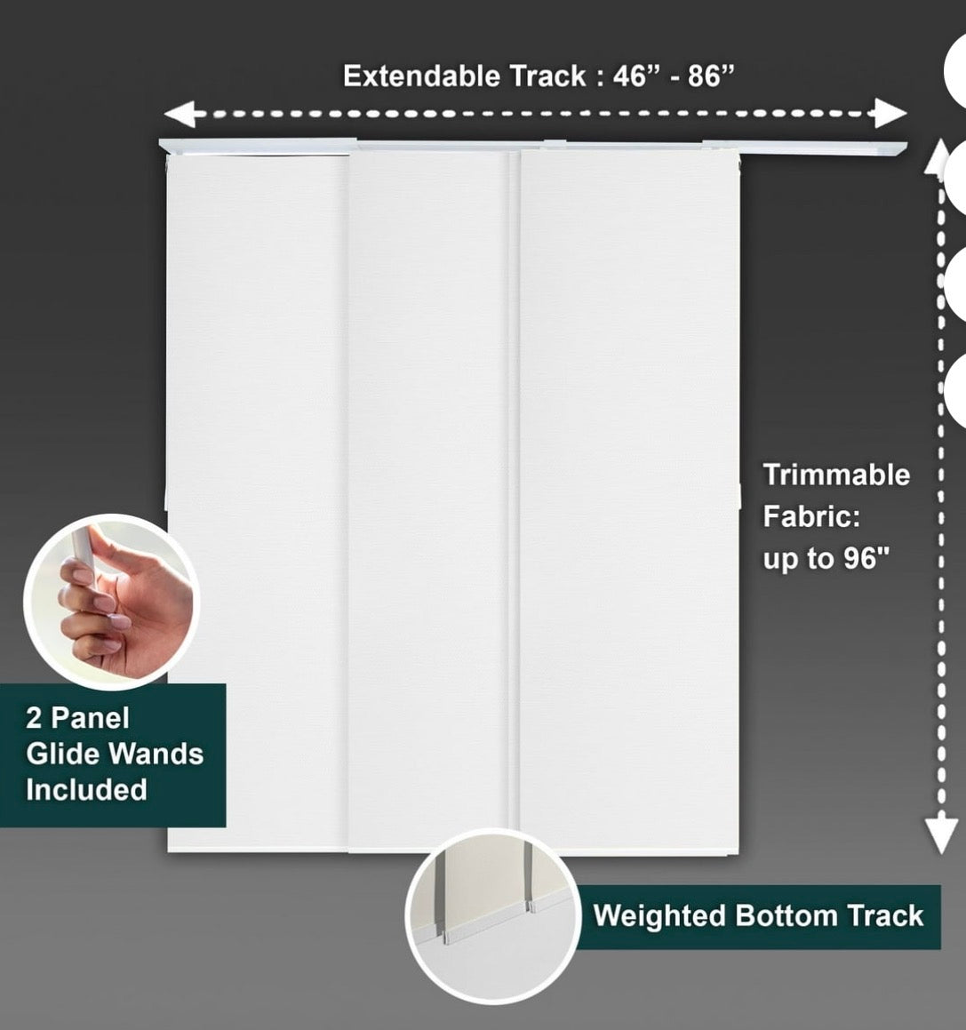 Blinds - Adjustable Sliding Panel Blinds, Movie Night White, 46”–86” wide x up to 96” high