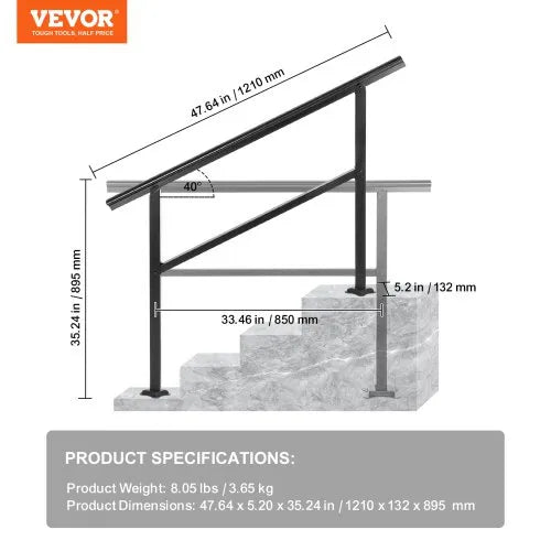 Handrail - VEVOR Handrail Outdoor Stairs 47.6 X 35.2 Inch Outdoor Handrail Outdoor Stair Railing Adjustable from 0 to 30 Degrees Handrail for Stairs Outdoor Aluminum Black Stair Railing Fit 3-4 Steps