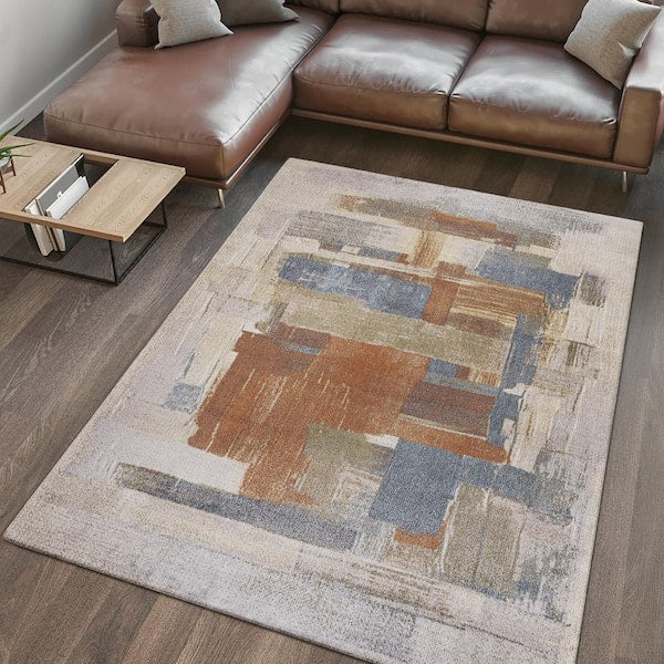 Rug - 8 ft. x 10 ft. Cream/Multi Weaver Abstract Coastal Watercolor Machine-Washable Area Rug