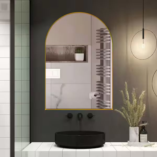 Medincine Cabinet - 24 in. W x 36 in. H Arched Metal Medicine Cabinet with Mirror in Gold, Recessed and Wall Medicine Cabinet for Storage