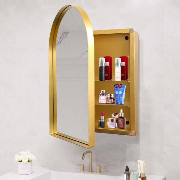 Medincine Cabinet - 24 in. W x 36 in. H Arched Metal Medicine Cabinet with Mirror in Gold, Recessed and Wall Medicine Cabinet for Storage