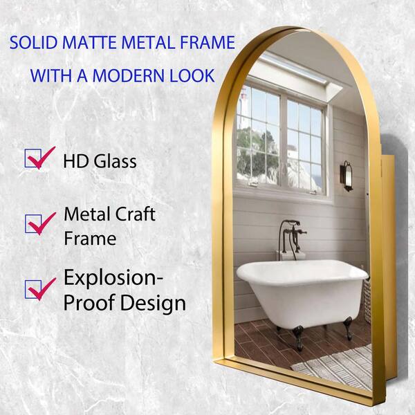 Medincine Cabinet - 24 in. W x 36 in. H Arched Metal Medicine Cabinet with Mirror in Gold, Recessed and Wall Medicine Cabinet for Storage