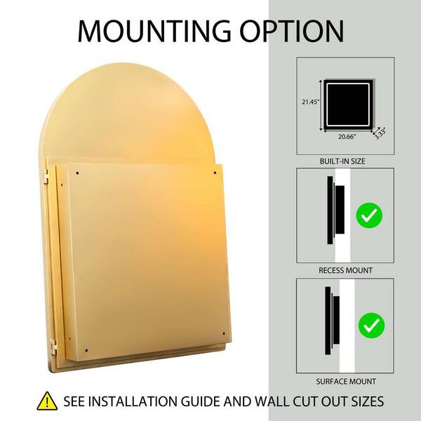 Medincine Cabinet - 24 in. W x 36 in. H Arched Metal Medicine Cabinet with Mirror in Gold, Recessed and Wall Medicine Cabinet for Storage