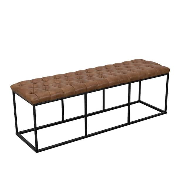 Bench - Large Light Brown Faux Leather Decorative Bench/Ottoman with Button Tufting 17.25 in H x 52.25 W x 15.75 D