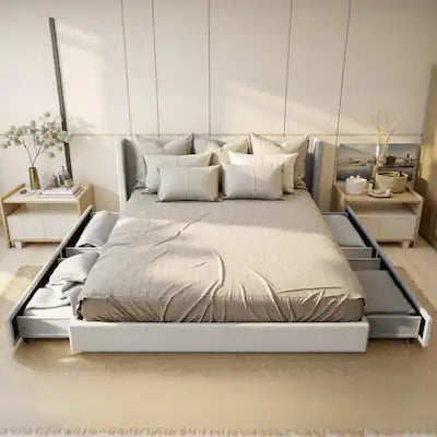 Bed - Full Size KERDOM - Upholstered Platform Bed Frame with 4 Roller Drawers & Chenille Wingback Headboard, Storage