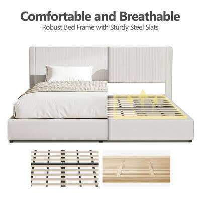 Bed - Full Size KERDOM - Upholstered Platform Bed Frame with 4 Roller Drawers & Chenille Wingback Headboard, Storage