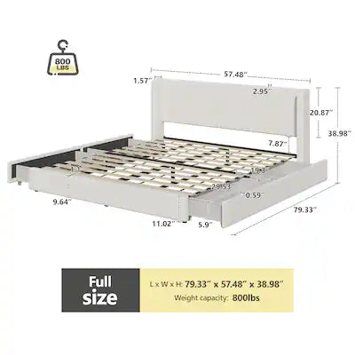 Bed - Full Size KERDOM - Upholstered Platform Bed Frame with 4 Roller Drawers & Chenille Wingback Headboard, Storage