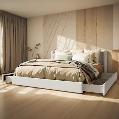 Bed - Full Size KERDOM - Upholstered Platform Bed Frame with 4 Roller Drawers & Chenille Wingback Headboard, Storage