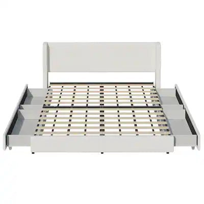 Bed - Full Size KERDOM - Upholstered Platform Bed Frame with 4 Roller Drawers & Chenille Wingback Headboard, Storage