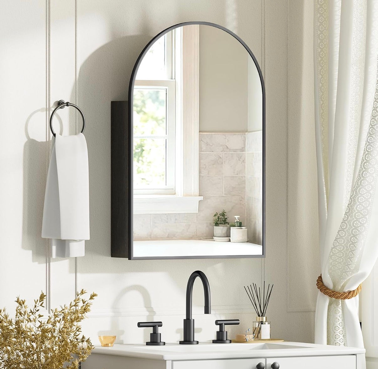 Medicine Cabinet -  20” x 30” Brushed Black Arched with Mirror, Wall Mount Bathroom Storage Cabinet, Surface Mount