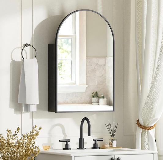 Medicine Cabinet -  20” x 30” Brushed Black Arched with Mirror, Wall Mount Bathroom Storage Cabinet, Surface Mount