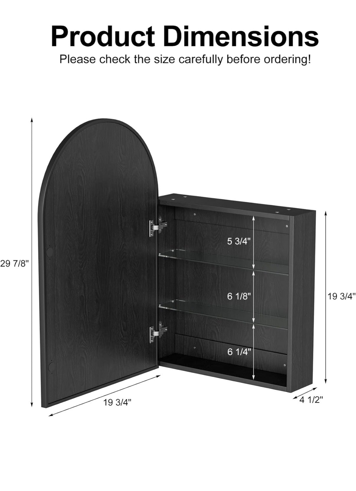 Medicine Cabinet -  20” x 30” Brushed Black Arched with Mirror, Wall Mount Bathroom Storage Cabinet, Surface Mount